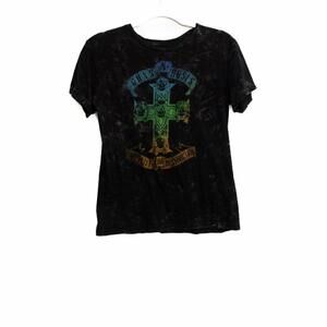 Guns N Roses Men Black T Shirt Acid Wash Appetite for Destruction Short Sleeve S